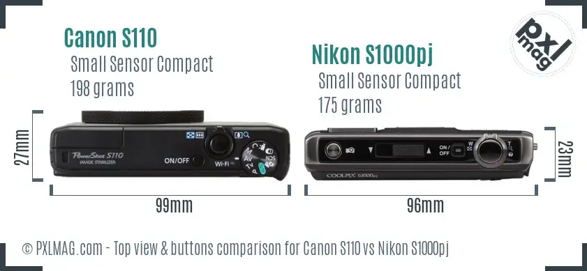 Canon S110 vs Nikon S1000pj top view buttons comparison