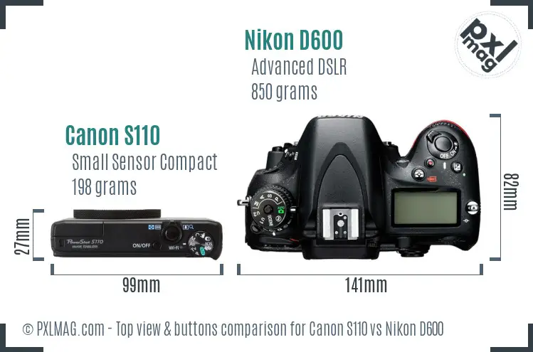 Canon S110 vs Nikon D600 top view buttons comparison