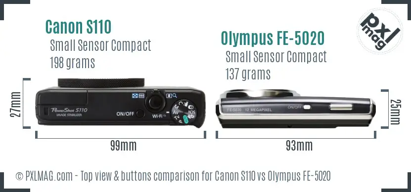 Canon S110 vs Olympus FE-5020 top view buttons comparison Canon S110 vs Olympus FE-5020 top view buttons comparison