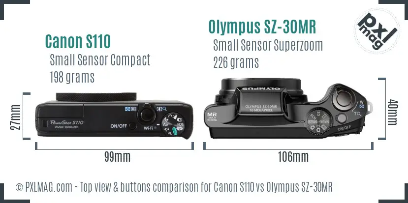 Canon S110 vs Olympus SZ-30MR top view buttons comparison Canon S110 vs Olympus SZ-30MR top view buttons comparison