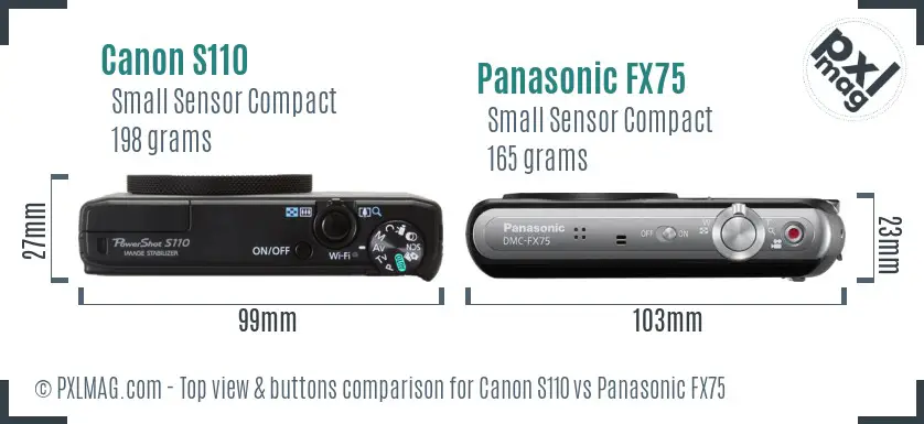 Canon S110 vs Panasonic FX75 top view buttons comparison Canon S110 vs Panasonic FX75 top view buttons comparison