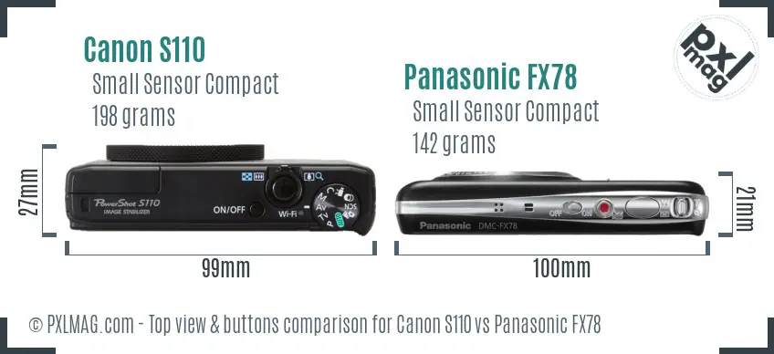 Canon S110 vs Panasonic FX78 top view buttons comparison Canon S110 vs Panasonic FX78 top view buttons comparison