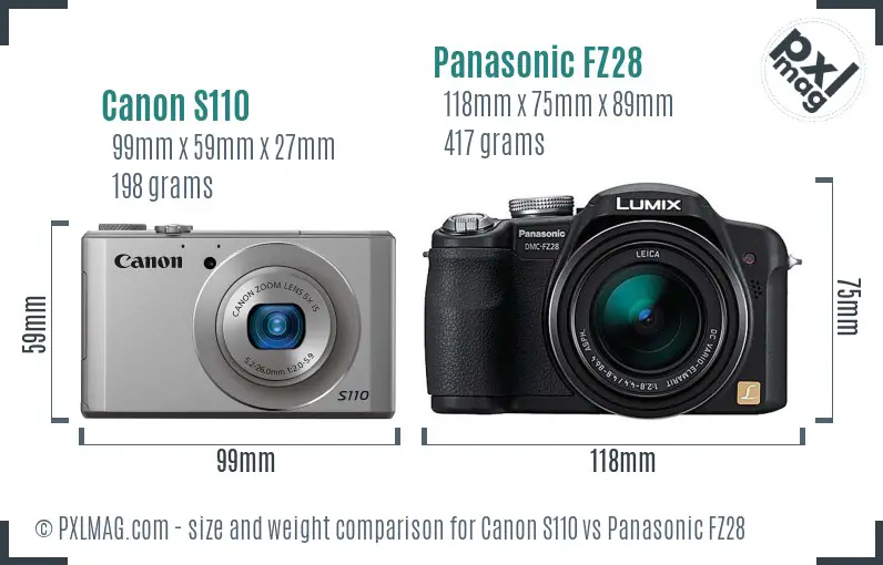 Canon S110 vs Panasonic FZ28 size comparison