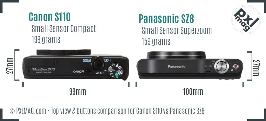 Canon S110 vs Panasonic SZ8 top view buttons comparison Canon S110 vs Panasonic SZ8 top view buttons comparison