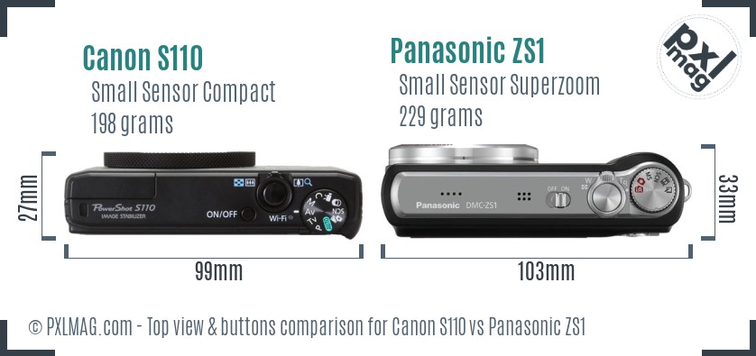 Canon S110 vs Panasonic ZS1 top view buttons comparison