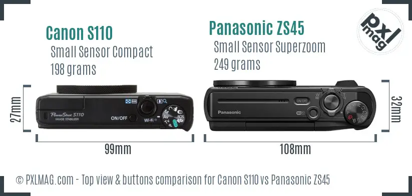 Canon S110 vs Panasonic ZS45 top view buttons comparison Canon S110 vs Panasonic ZS45 top view buttons comparison
