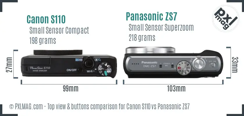 Canon S110 vs Panasonic ZS7 top view buttons comparison Canon S110 vs Panasonic ZS7 top view buttons comparison