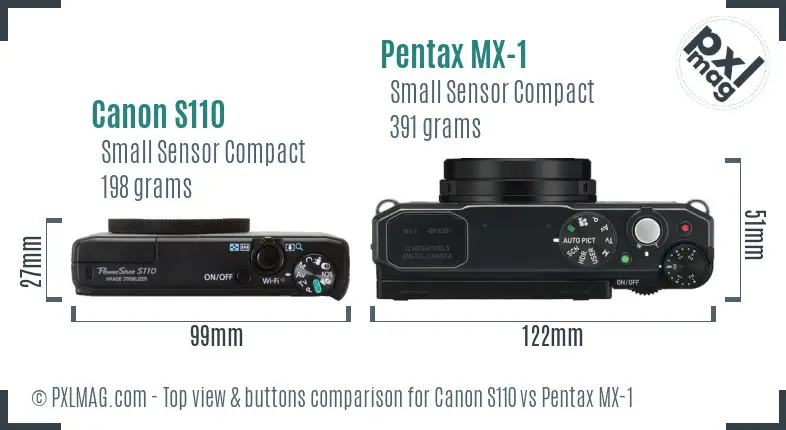 Canon S110 vs Pentax MX-1 top view buttons comparison