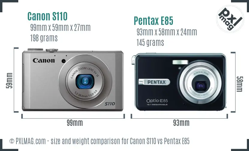 Canon S110 vs Pentax E85 size comparison