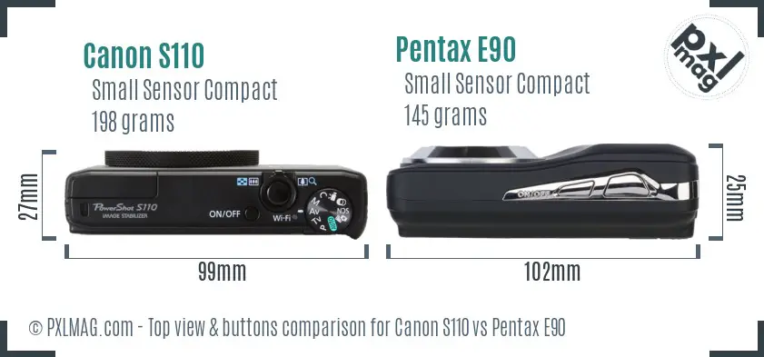 Canon S110 vs Pentax E90 top view buttons comparison