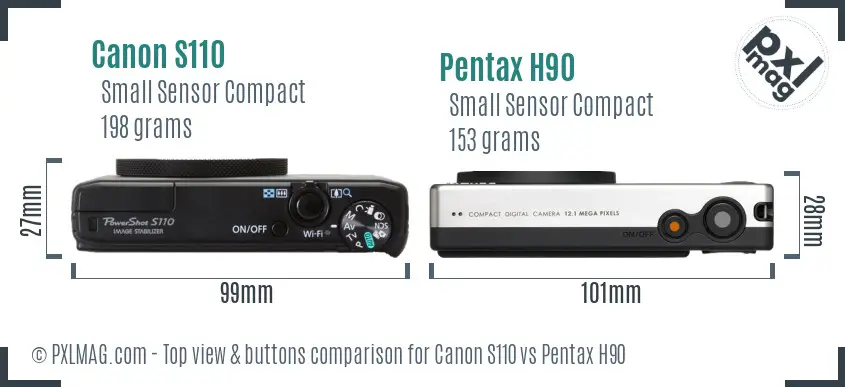Canon S110 vs Pentax H90 top view buttons comparison Canon S110 vs Pentax H90 top view buttons comparison