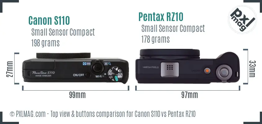 Canon S110 vs Pentax RZ10 top view buttons comparison