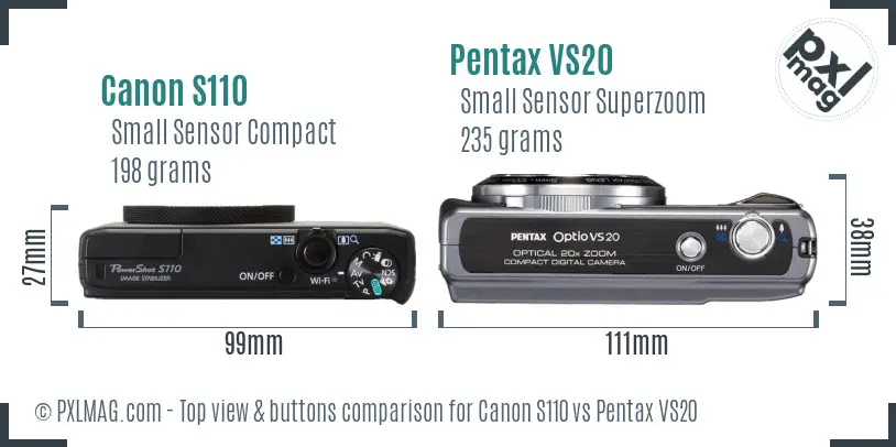 Canon S110 vs Pentax VS20 top view buttons comparison