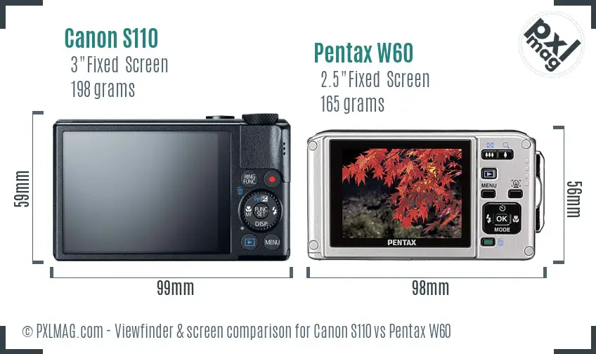 Canon S110 vs Pentax W60 Screen and Viewfinder comparison