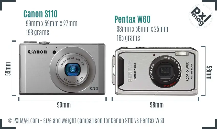 Canon S110 vs Pentax W60 size comparison