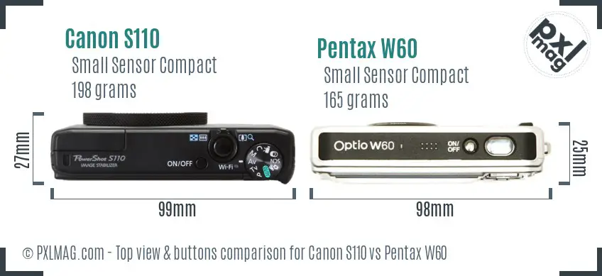 Canon S110 vs Pentax W60 top view buttons comparison