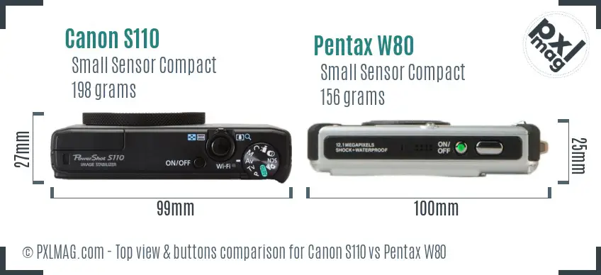 Canon S110 vs Pentax W80 top view buttons comparison