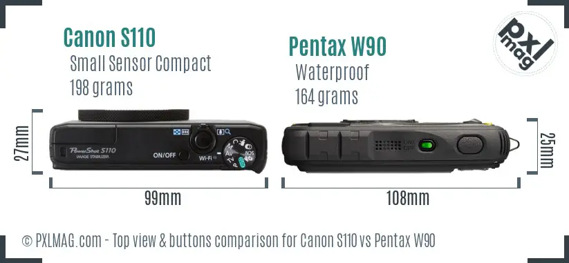 Canon S110 vs Pentax W90 top view buttons comparison