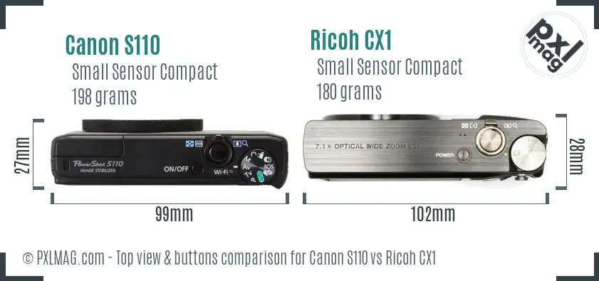 Canon S110 vs Ricoh CX1 top view buttons comparison