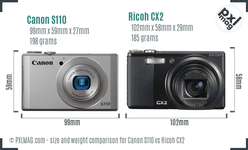 Canon S110 vs Ricoh CX2 size comparison