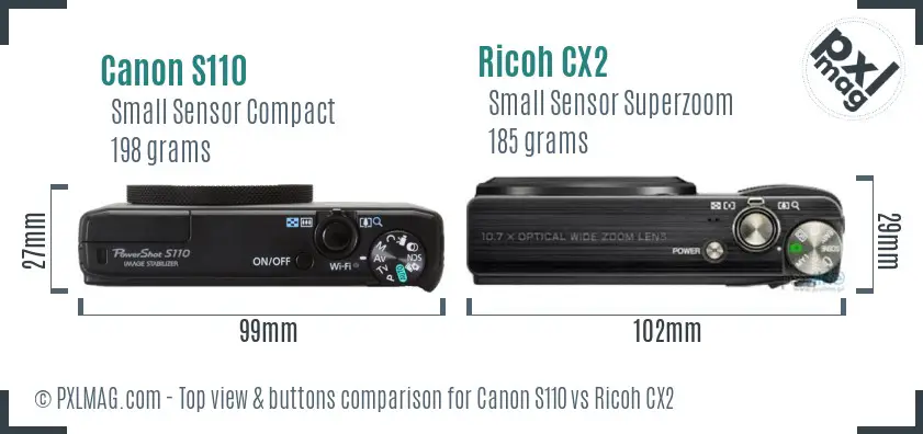 Canon S110 vs Ricoh CX2 top view buttons comparison