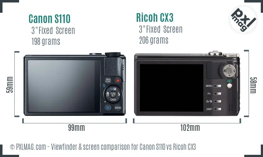 Canon S110 vs Ricoh CX3 Screen and Viewfinder comparison
