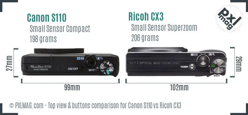 Canon S110 vs Ricoh CX3 top view buttons comparison
