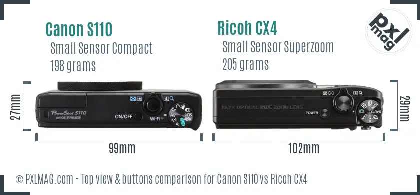 Canon S110 vs Ricoh CX4 top view buttons comparison