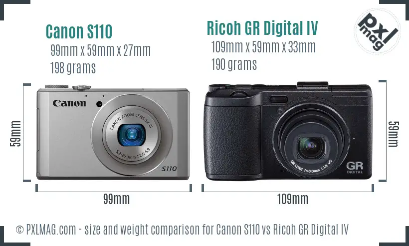 Canon S110 vs Ricoh GR Digital IV size comparison