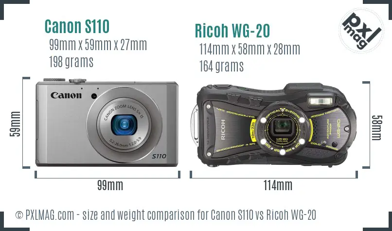 Canon S110 vs Ricoh WG-20 size comparison