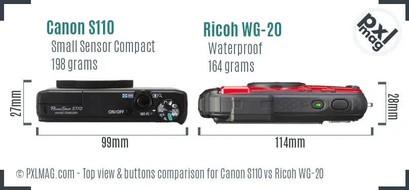 Canon S110 vs Ricoh WG-20 top view buttons comparison