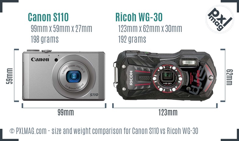 Canon S110 vs Ricoh WG-30 size comparison