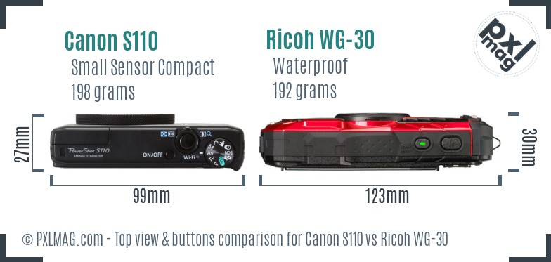 Canon S110 vs Ricoh WG-30 top view buttons comparison
