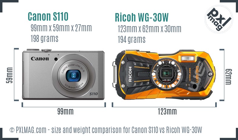 Canon S110 vs Ricoh WG-30W size comparison