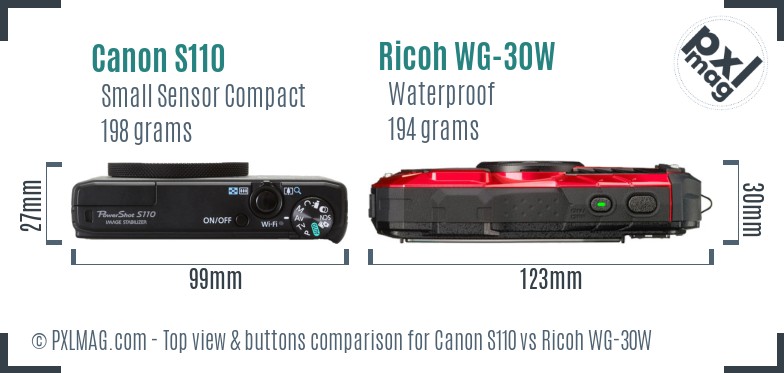 Canon S110 vs Ricoh WG-30W top view buttons comparison