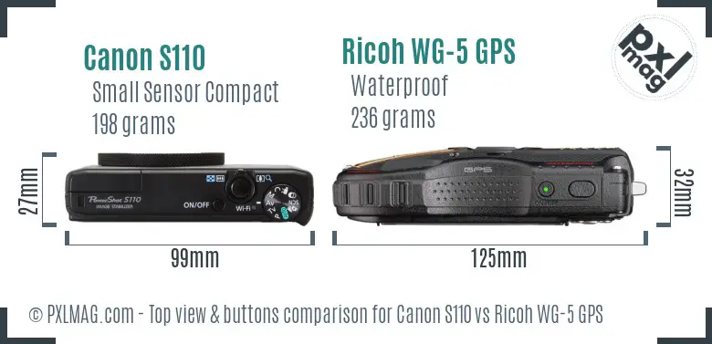 Canon S110 vs Ricoh WG-5 GPS top view buttons comparison