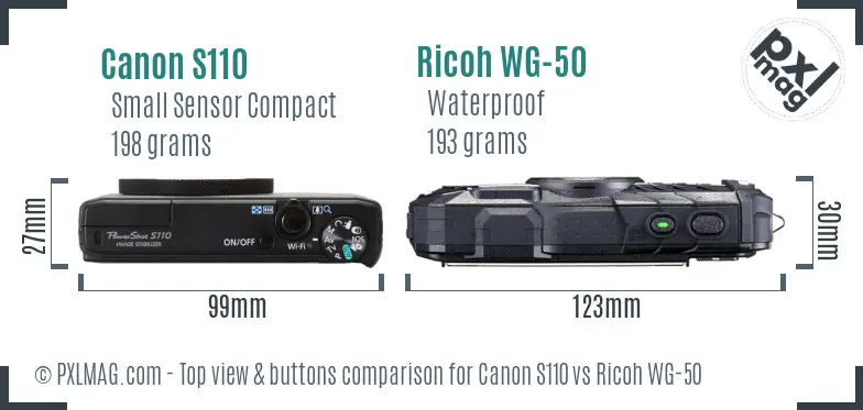 Canon S110 vs Ricoh WG-50 top view buttons comparison