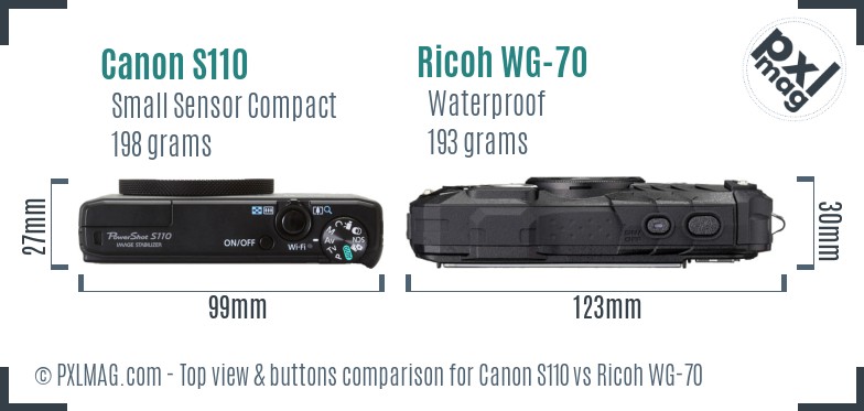 Canon S110 vs Ricoh WG-70 top view buttons comparison