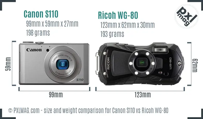 Canon S110 vs Ricoh WG-80 size comparison