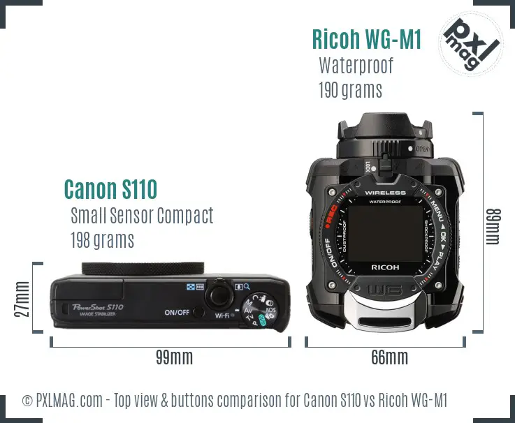 Canon S110 vs Ricoh WG-M1 top view buttons comparison