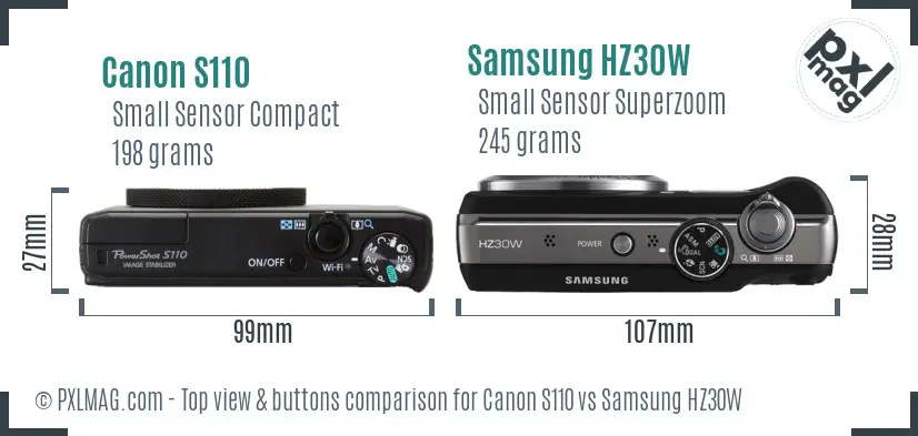 Canon S110 vs Samsung HZ30W top view buttons comparison
