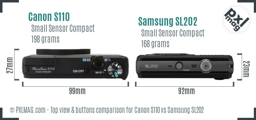 Canon S110 vs Samsung SL202 top view buttons comparison