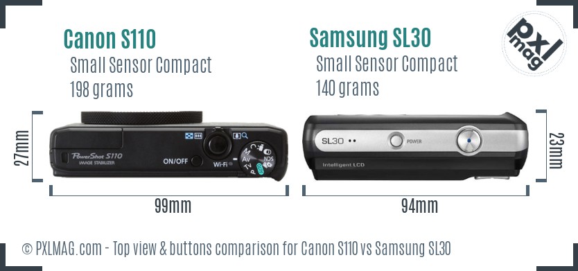 Canon S110 vs Samsung SL30 top view buttons comparison