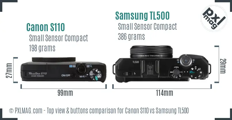 Canon S110 vs Samsung TL500 top view buttons comparison
