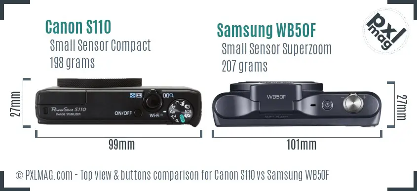 Canon S110 vs Samsung WB50F top view buttons comparison