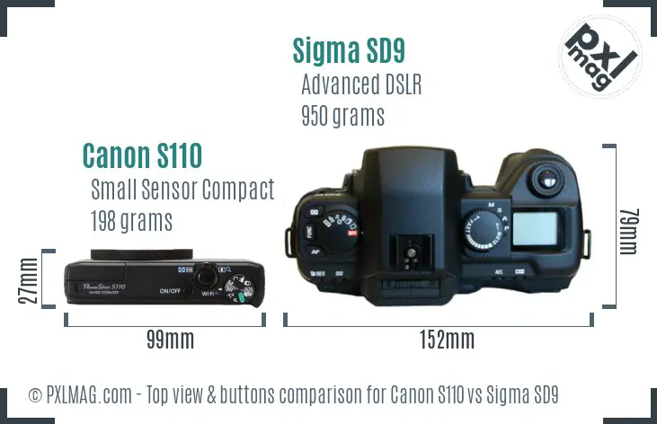 Canon S110 vs Sigma SD9 top view buttons comparison