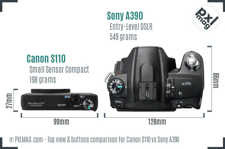 Canon S110 vs Sony A390 top view buttons comparison