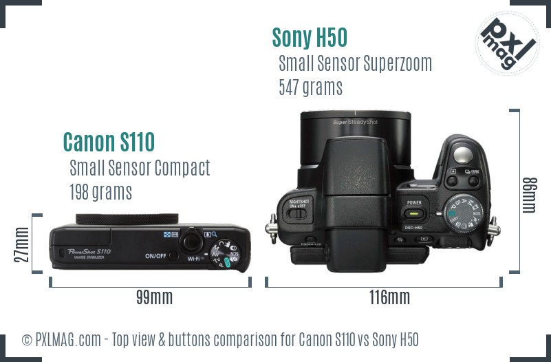Canon S110 vs Sony H50 top view buttons comparison