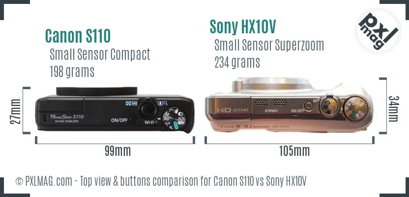 Canon S110 vs Sony HX10V top view buttons comparison