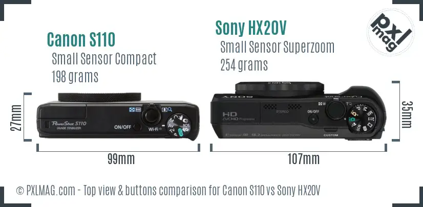 Canon S110 vs Sony HX20V top view buttons comparison